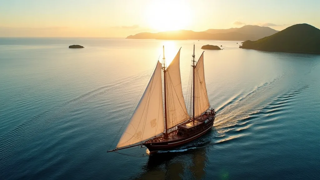 Phinisi liveaboard sailing from Bali toward Komodo National Park across open sea at sunrise